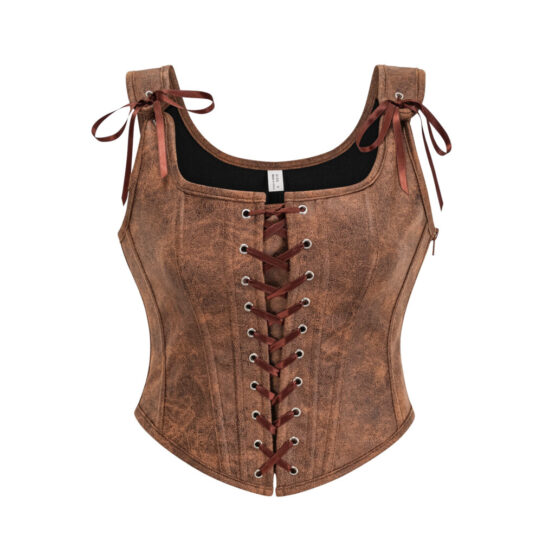 Pleather Front Lace Corset-Brown