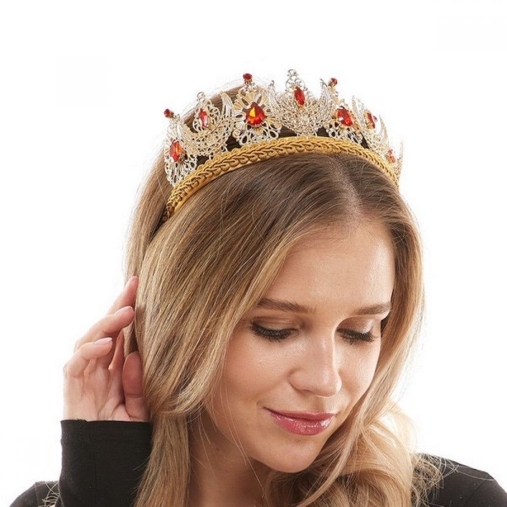 Gold Crown Headband with Red Gems