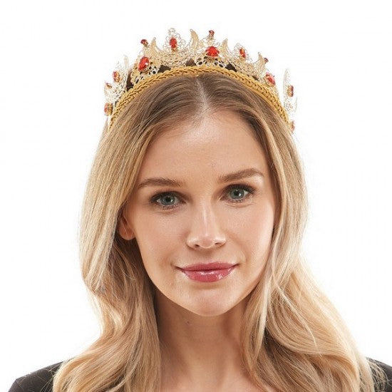 Gold Crown Headband with Red Gems