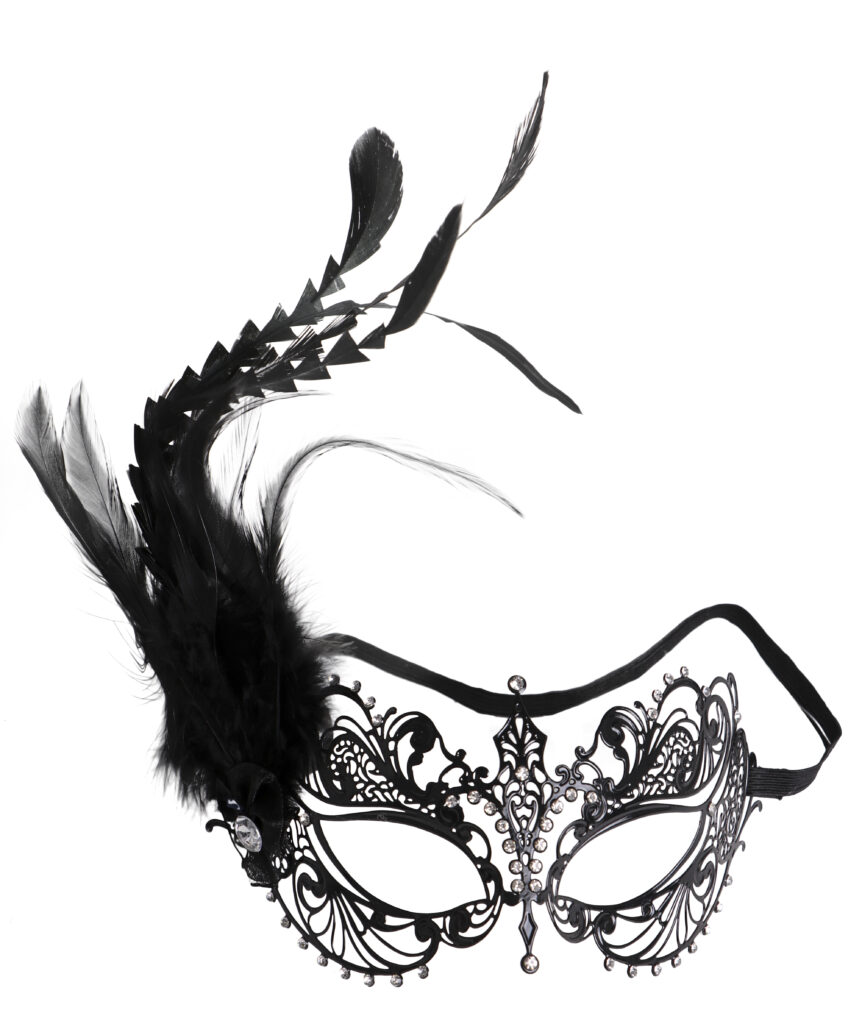 Metal Mask w/ Diamonds, Feathers, and Elastic Band