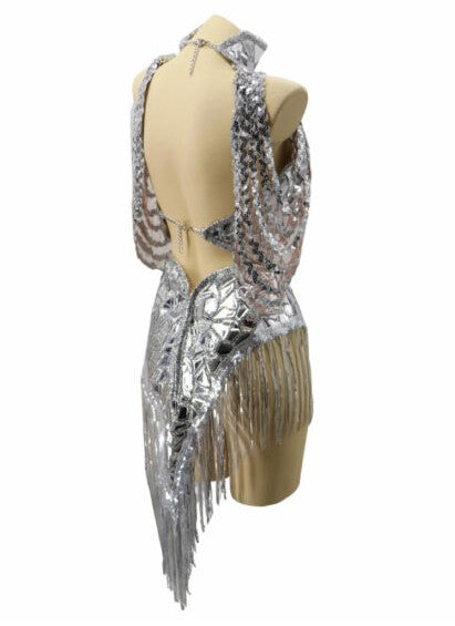 Open Back High Neck Reflective Bodysuit with Fringe