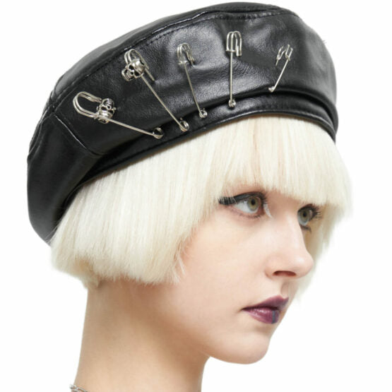 PU Parisian Style Beret Hat with Safety Pin Trims..