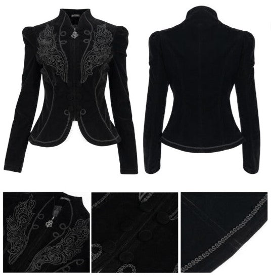 Black Gothic Embroidered Princess Seam Coat-S