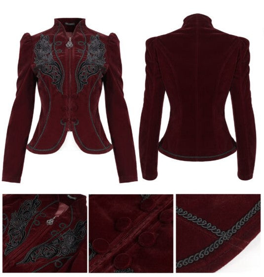 Burgundy Gothic Embroidered Princess Seam Coat