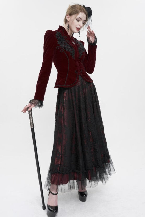 Burgundy Gothic Embroidered Princess Seam Coat