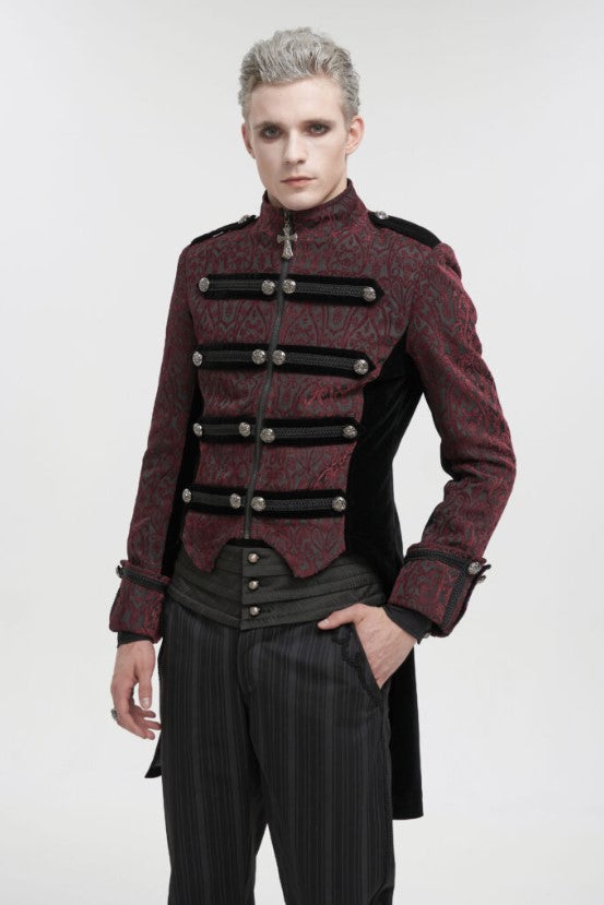 Red with Black Brocade Embroidered Long Tail Coat