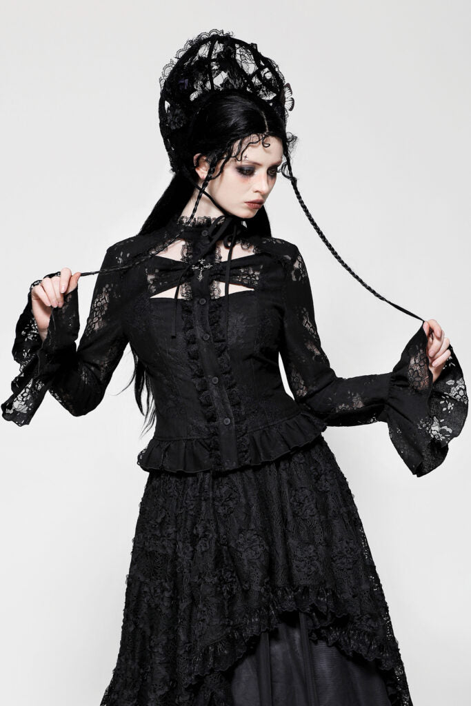 Black lace hollow cross blouse
