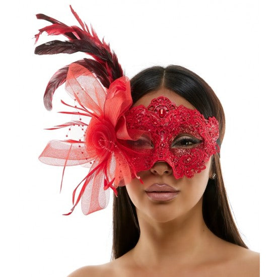 Black Lace Fascinator Mask With Feather