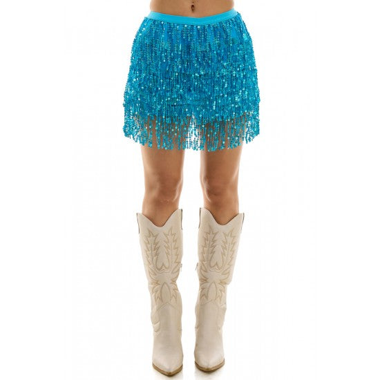 Turquoise Sequin Fringe Skirt