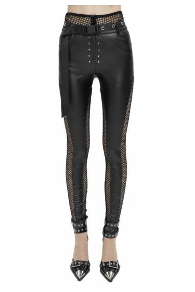 Faux Leather Pants with Fishnet Waistband