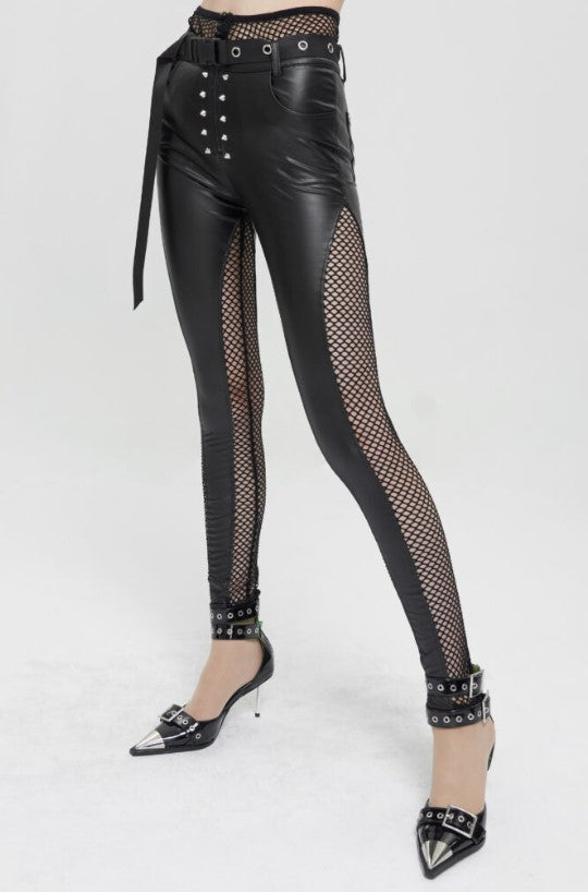 Faux Leather Pants with Fishnet Waistband