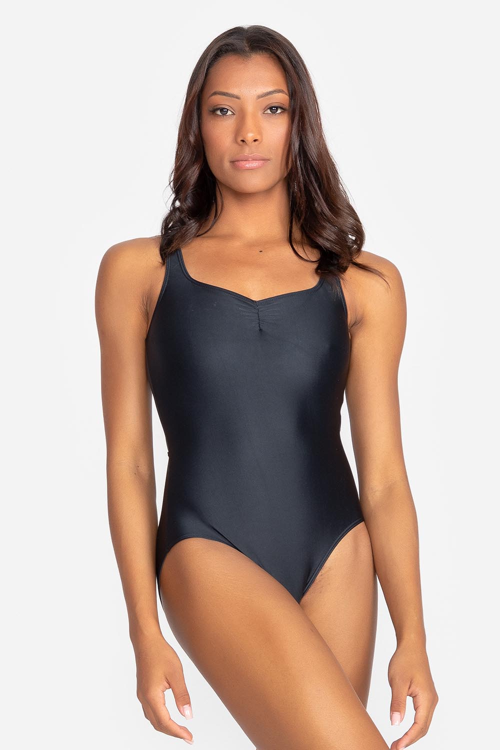 Pinch front strappy back leotard