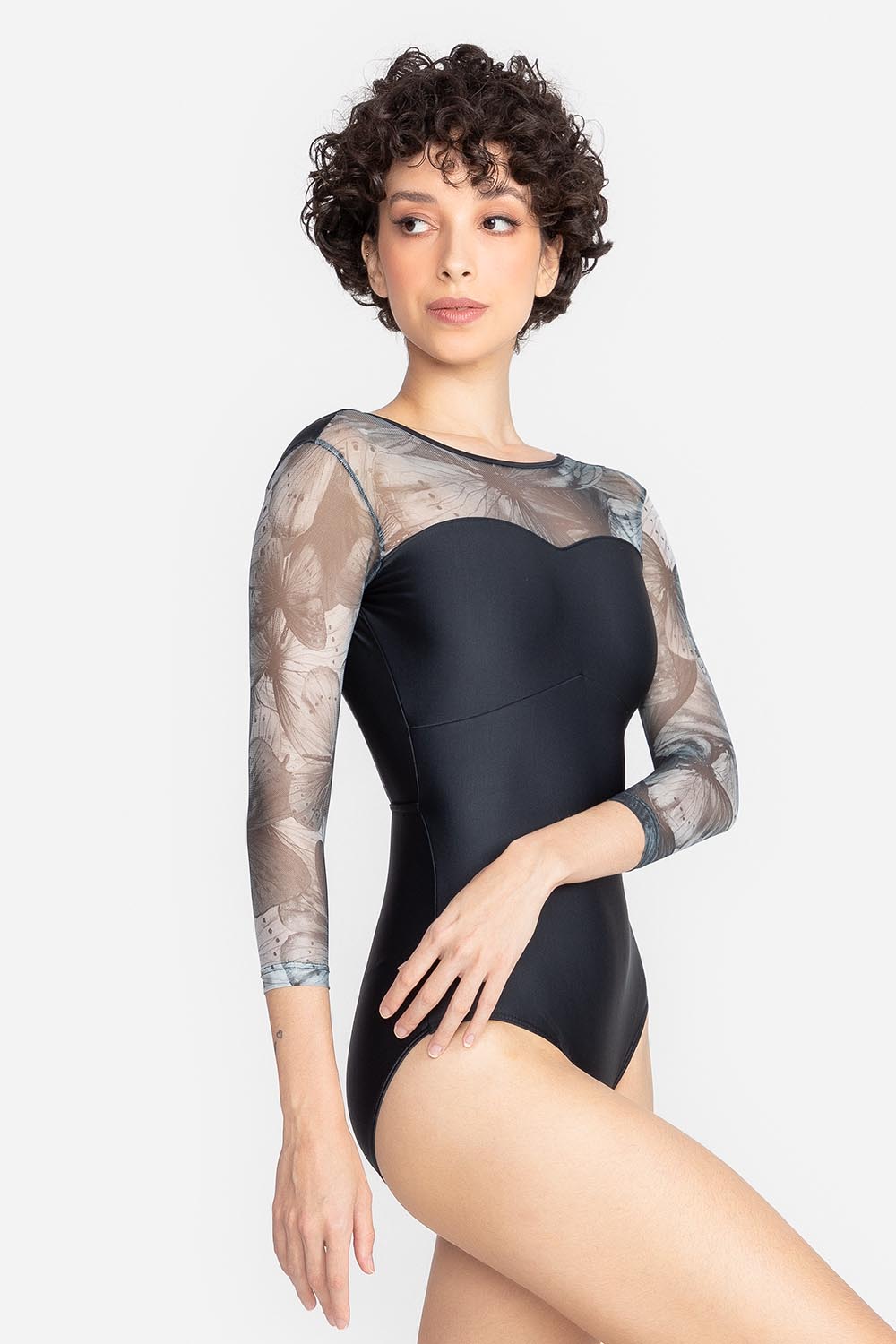 3/4 Sleeve Printed Mesh Leotard