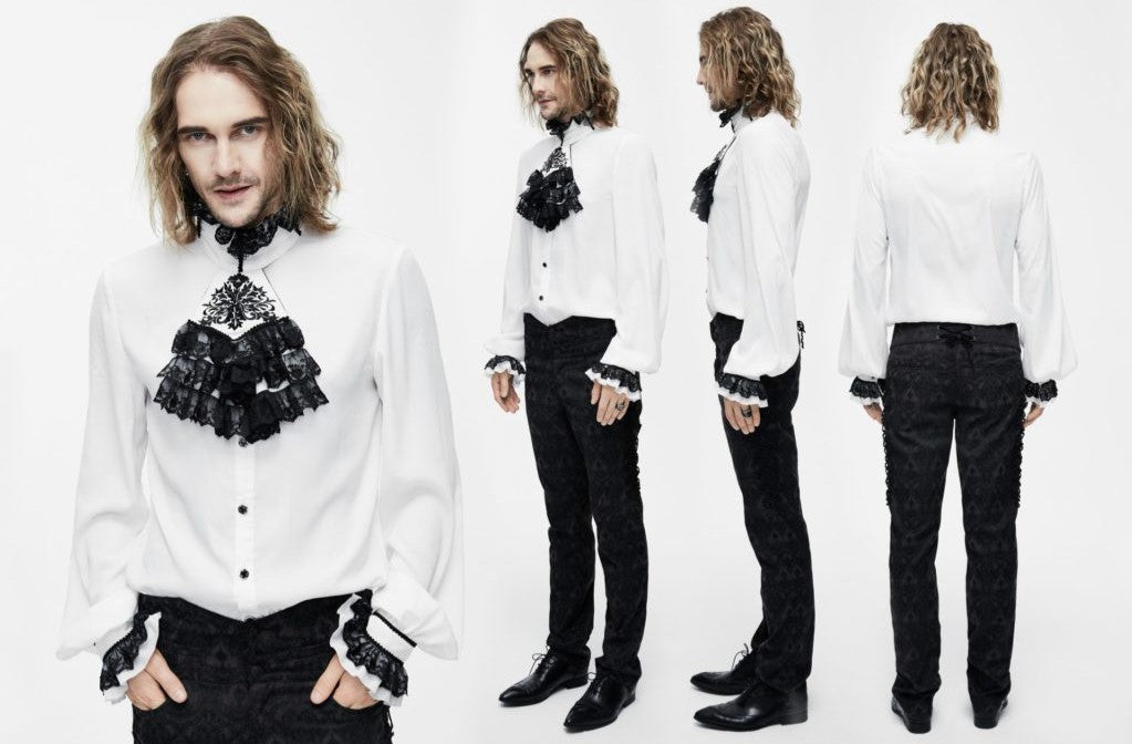 Gothic White Pirate Shirt with Black Lace Frills and Cuffs