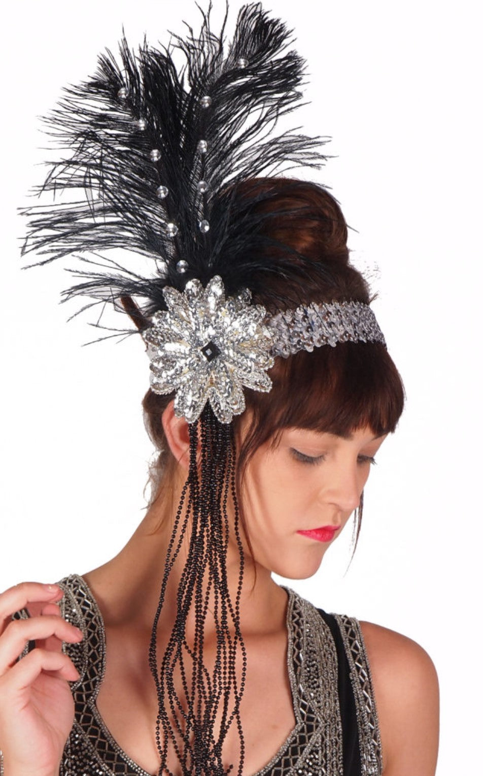 Sequins Flapper Headband with Beads and Feather