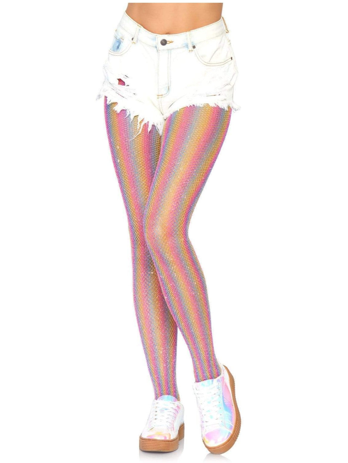 Colored lurex shimmer rainbow striped fishnet tight