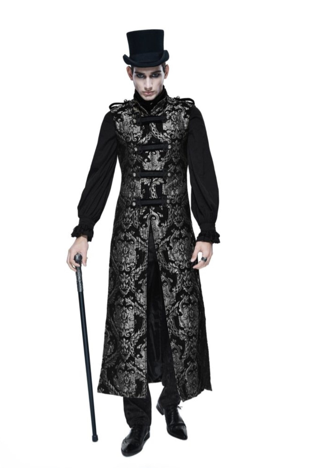 Gothic Long Silver Brocade Military Waistcoat