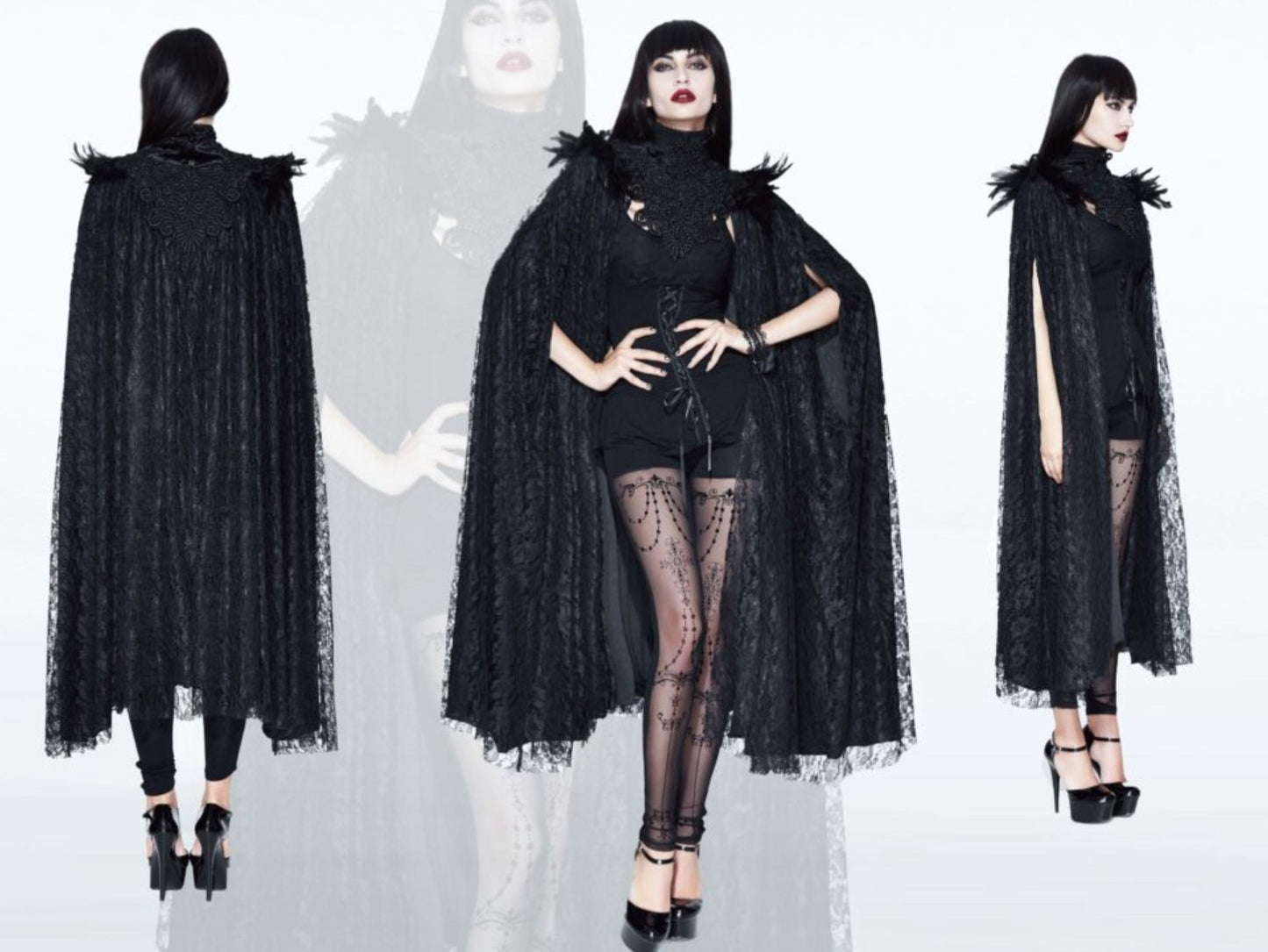 Gothic Long Layered Cape with Feather Shoulder Design