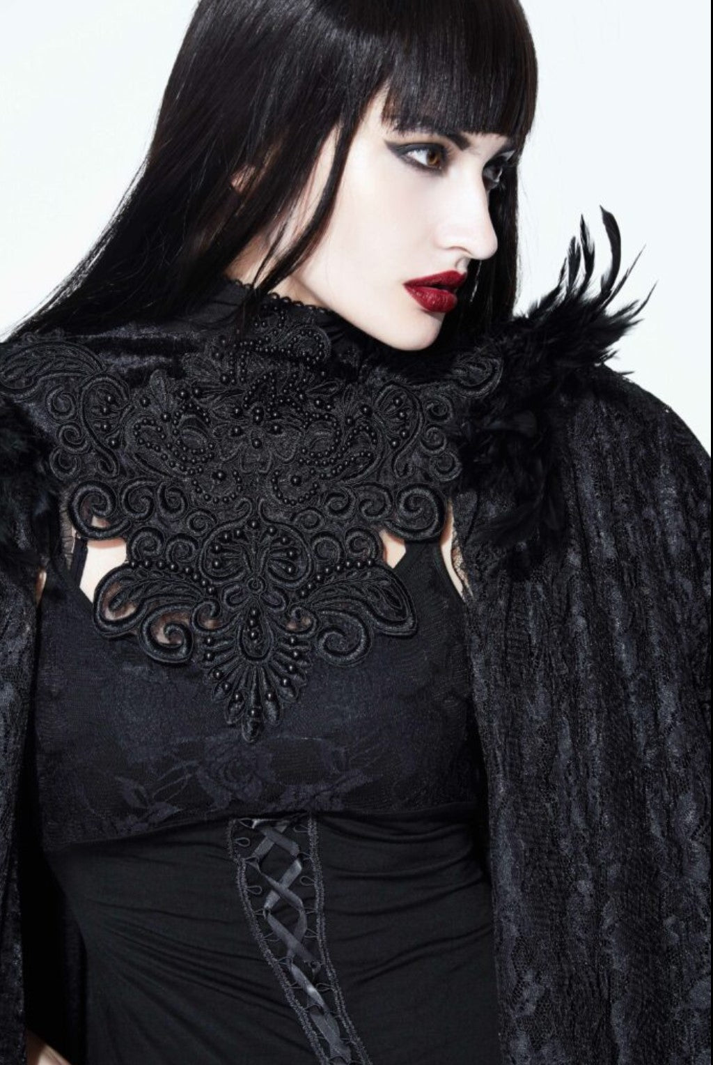 Gothic Long Layered Cape with Feather Shoulder Design