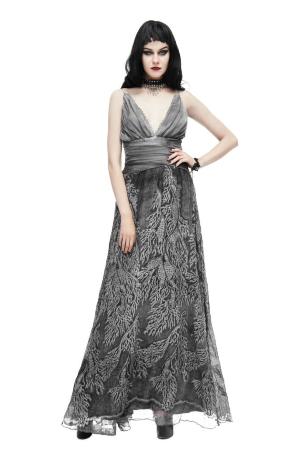 Gothic Gray V-Neck Maxi Dress