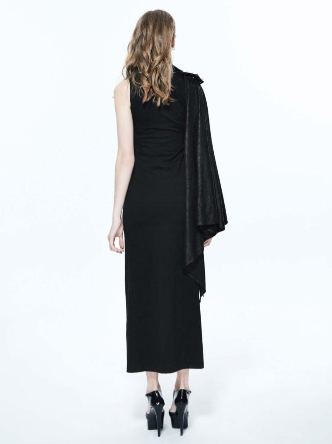 Punk Female Slender Dress with Leg Slit and Cape