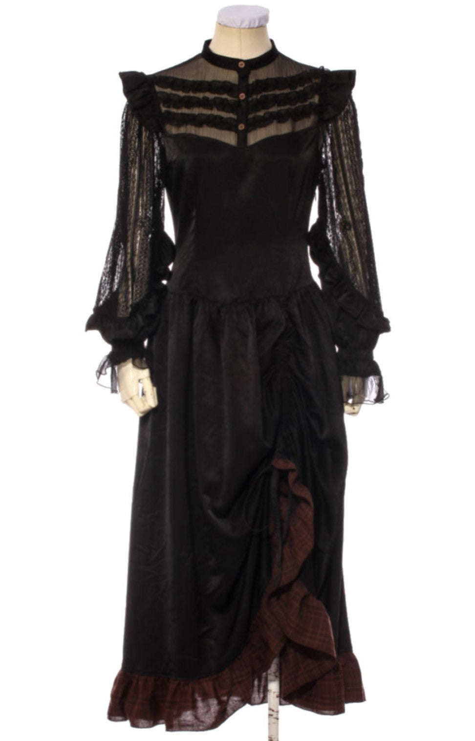 Black Lace Steampunk Dress with Ruffle Hem and Bishop Sleeves