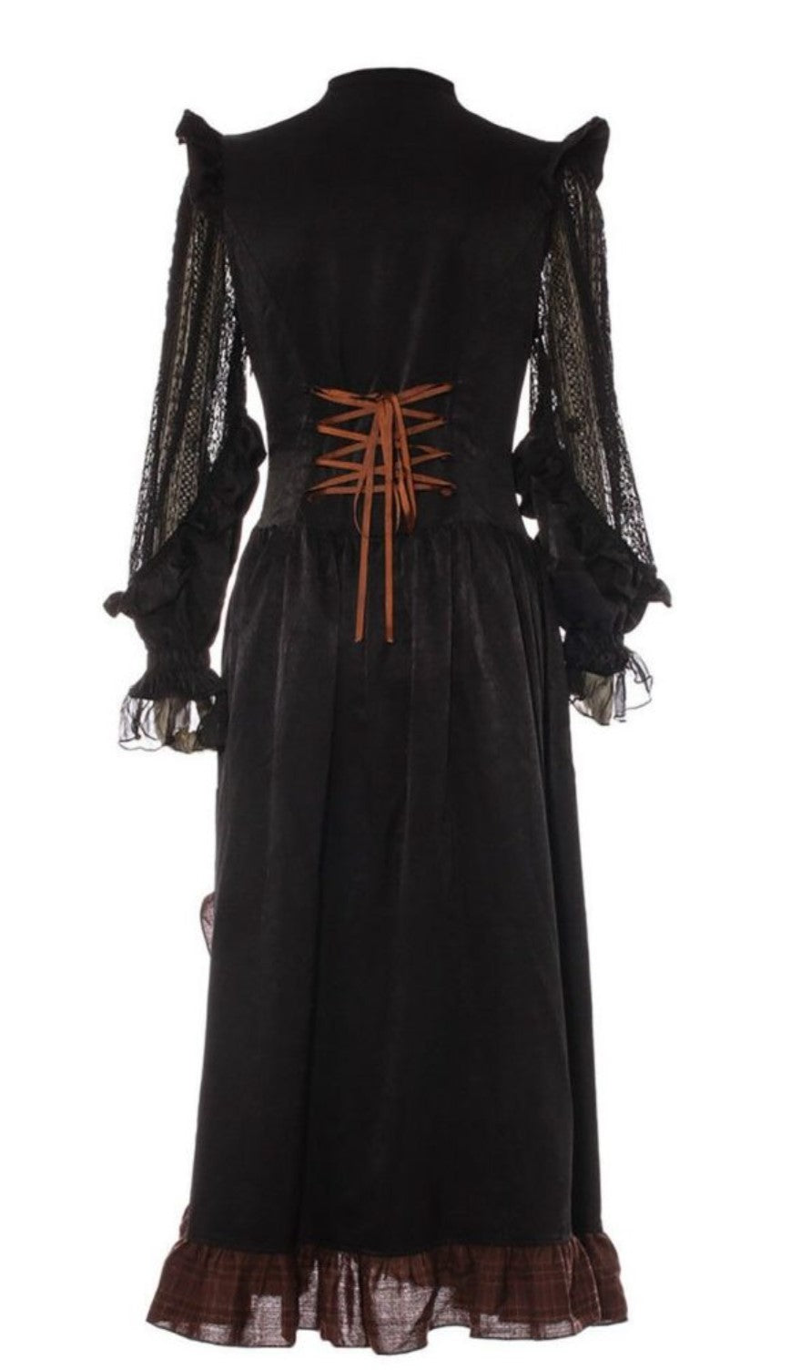 Black Lace Steampunk Dress with Ruffle Hem and Bishop Sleeves