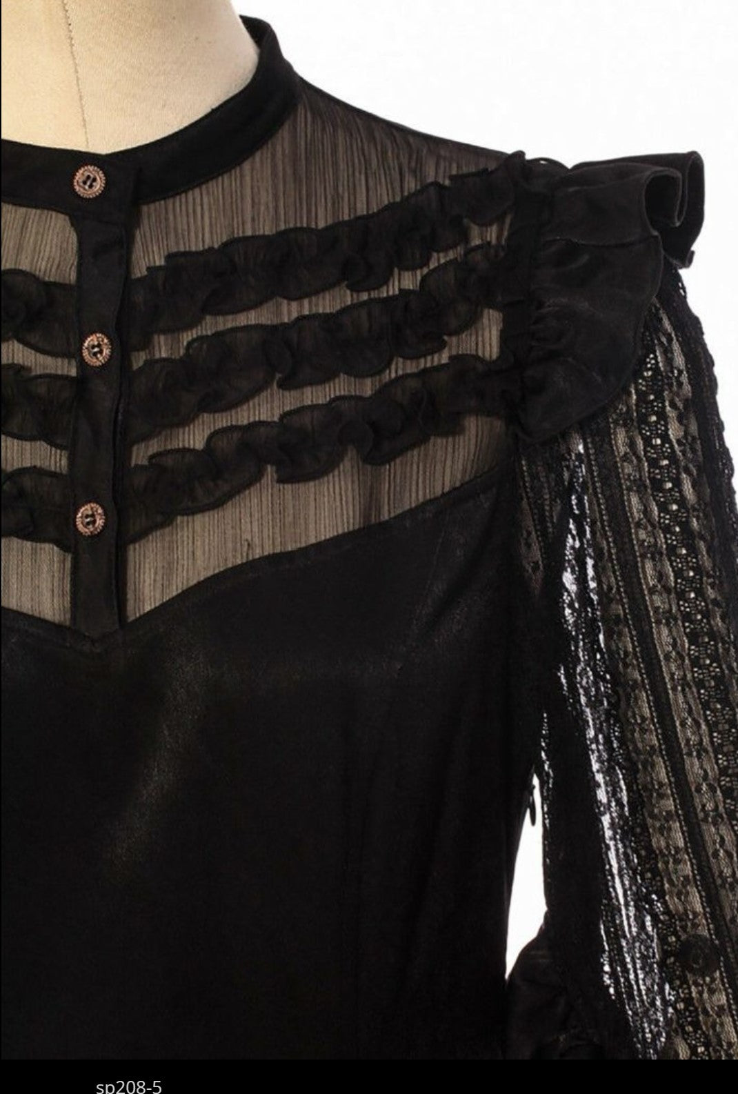 Black Lace Steampunk Dress with Ruffle Hem and Bishop Sleeves