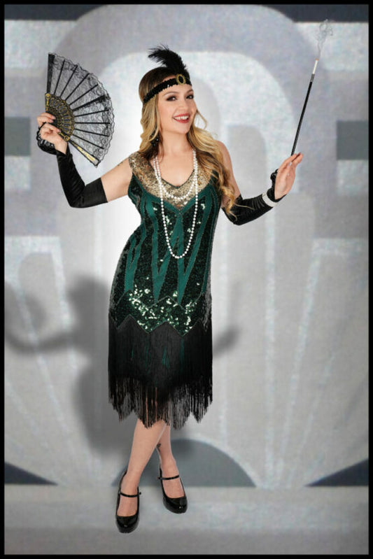 Green and Gold beaded fringe dress