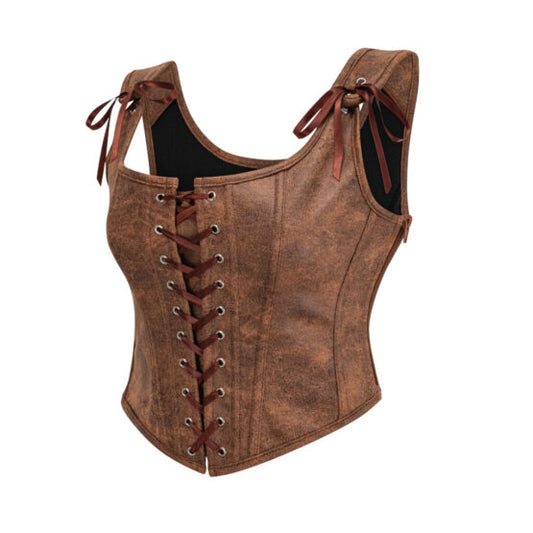 Pleather Front Lace Corset-Brown