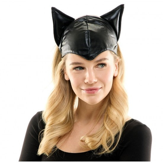 Black Faux Leather Cat Ears Cap