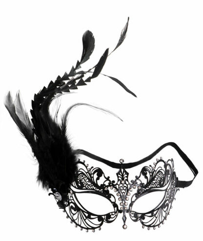 Metal Mask w/ Diamonds, Feathers, and Elastic Band