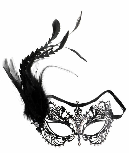Metal Mask w/ Diamonds, Feathers, and Elastic Band