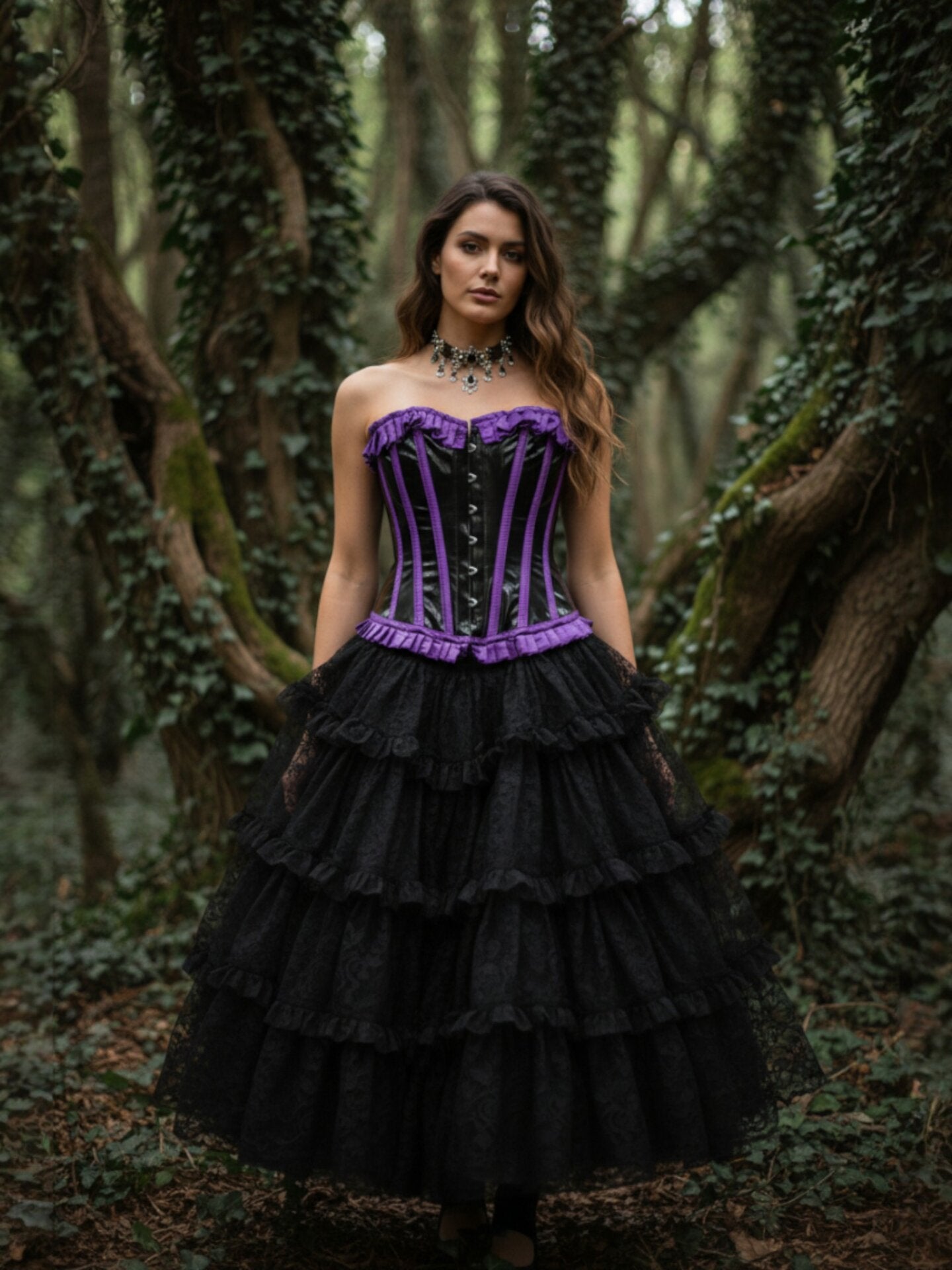 Purple and Black PU Ruffle Corset