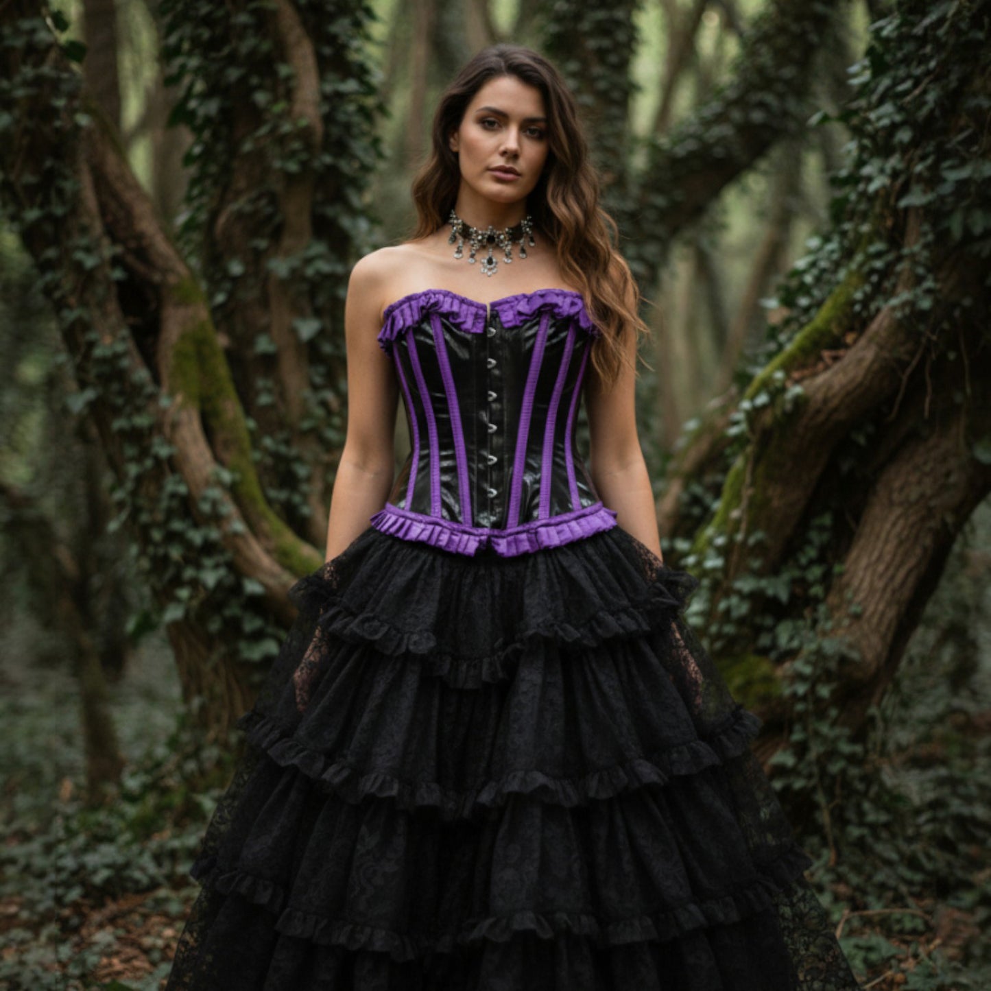 Purple and Black PU Ruffle Corset
