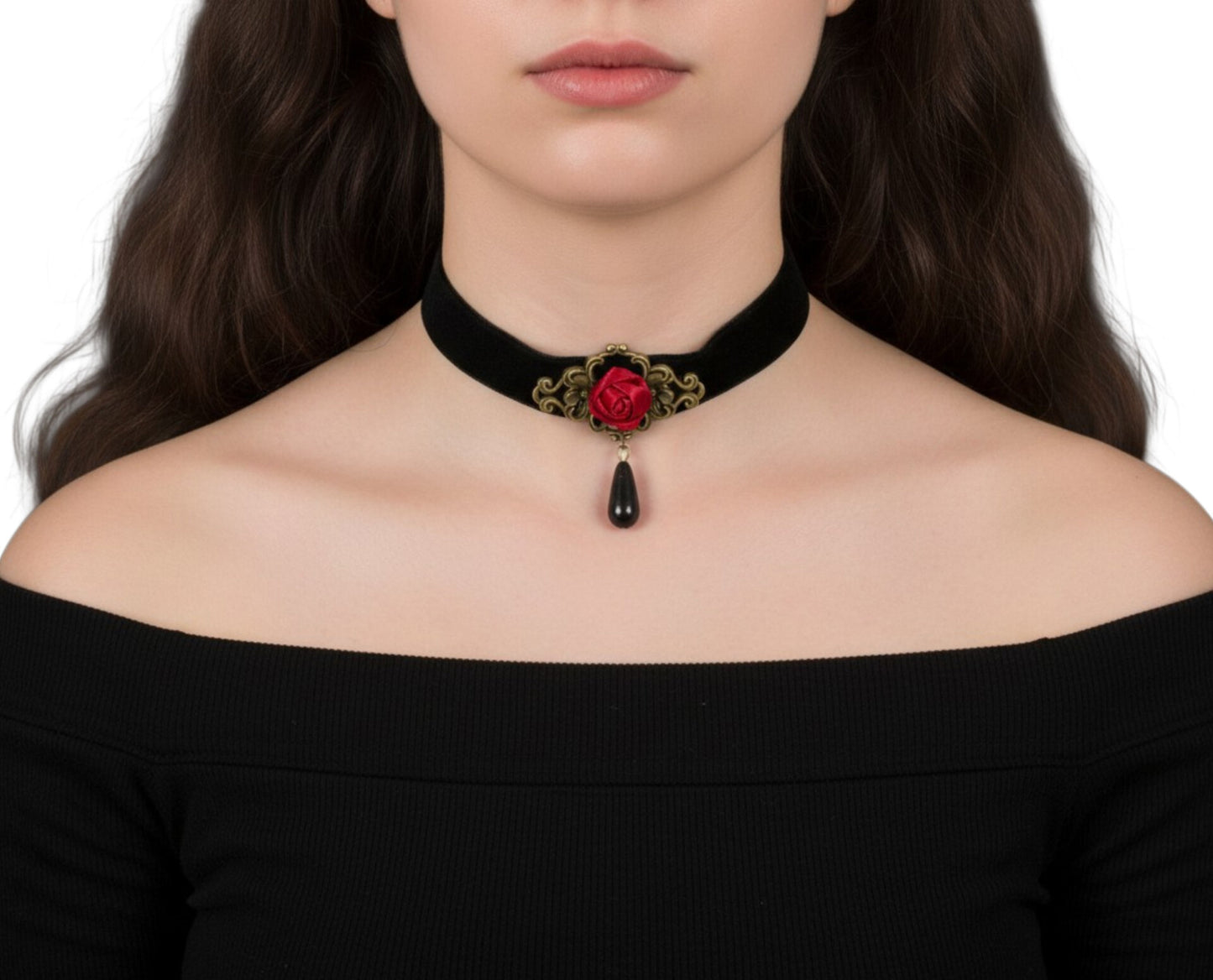 Red Rose Choker with Black Dangling Gem