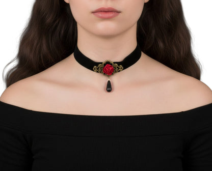 Red Rose Choker with Black Dangling Gem