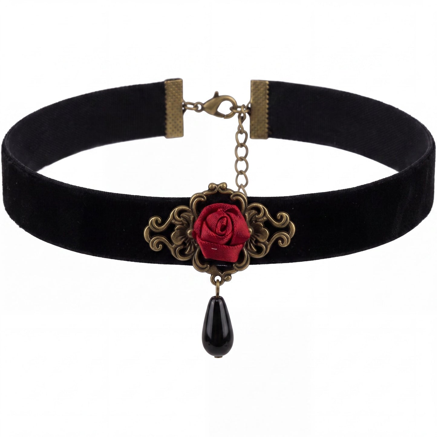 Red Rose Choker with Black Dangling Gem