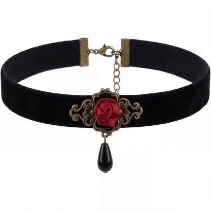 Red Rose Choker with Black Dangling Gem