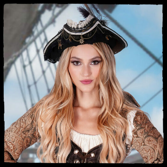 Brown Pirate Hat with Feather and Skeleton