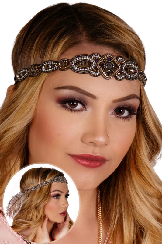 Flapper Beaded Headband with Feathers