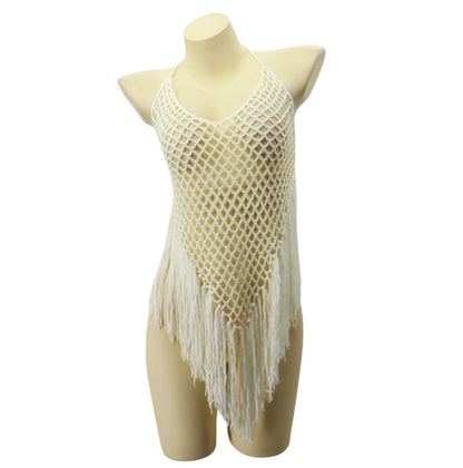 Crochet Beige Dress Cover-up with Fringes