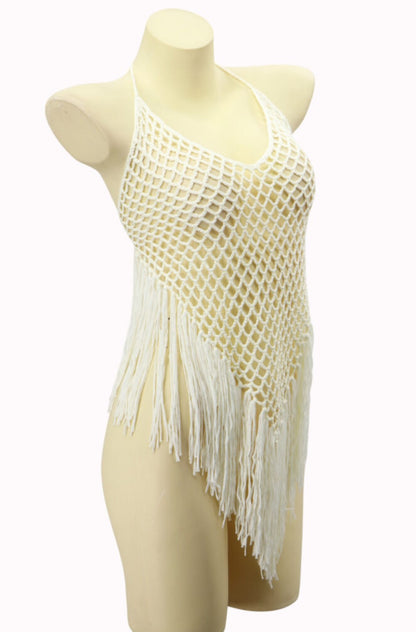 Crochet Beige Dress Cover-up with Fringes