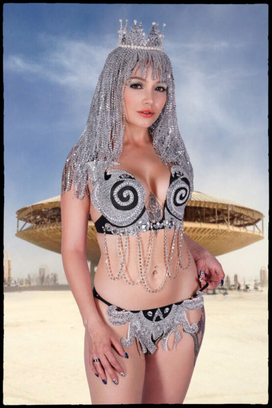 Black Swirl and Silver Gemstone Embellished Set