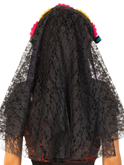 Day of the Dead Flower Headpiece with Lace Veil