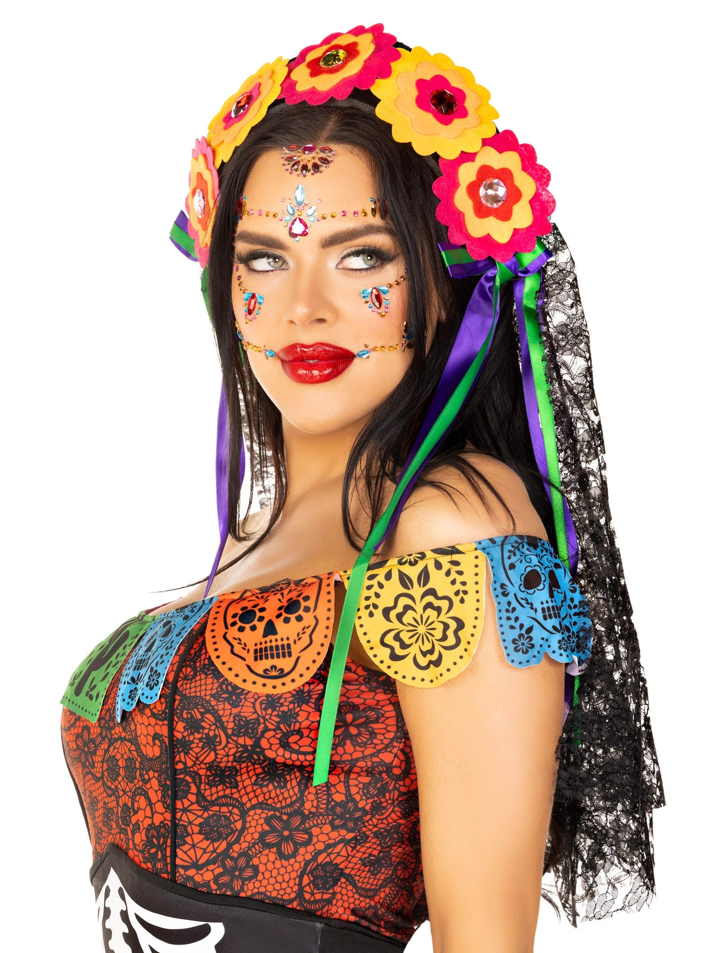 Day of the Dead Flower Headpiece with Lace Veil
