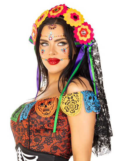 Day of the Dead Flower Headpiece with Lace Veil