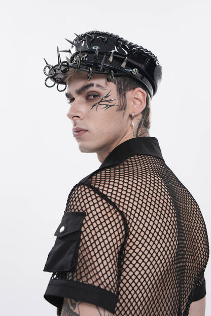 Black spiked headpiece with synthetic leather and metal details.
