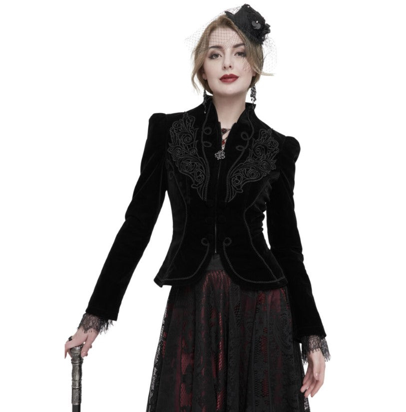 Black Gothic Embroidered Princess Seam Coat-S