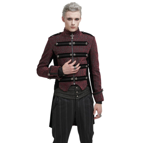 Red with Black Brocade Embroidered Long Tail Coat